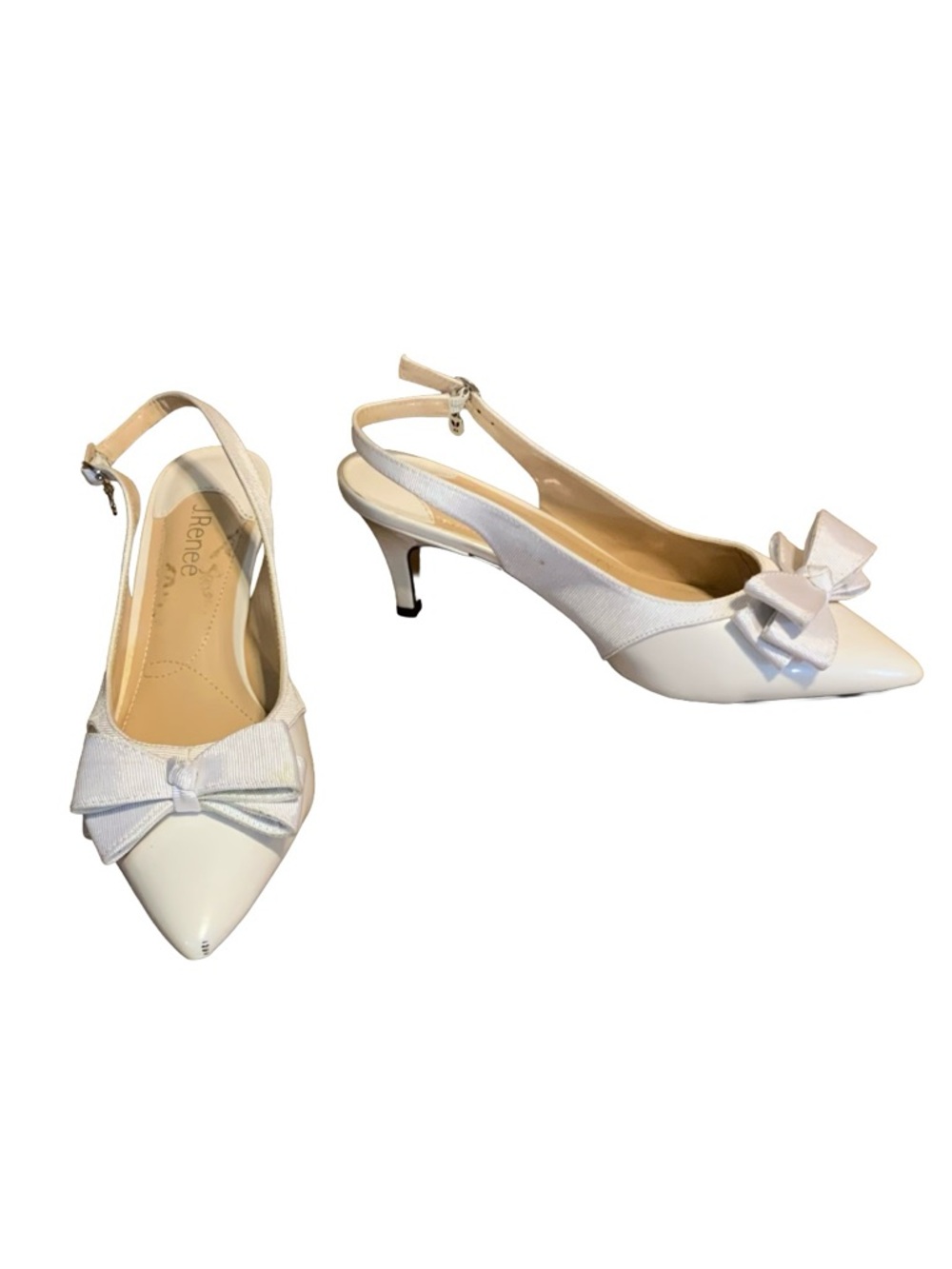 J. RENEE WHITE FAUX LEATHER & CLOTH SLING BACK KITTEN HEEL SHOES (11W)